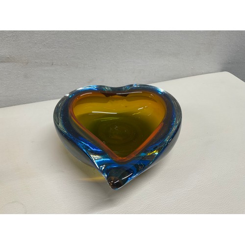 34 - 2 HEAVY COLOURED GLASS BOWLS ONE HEART SHAPED