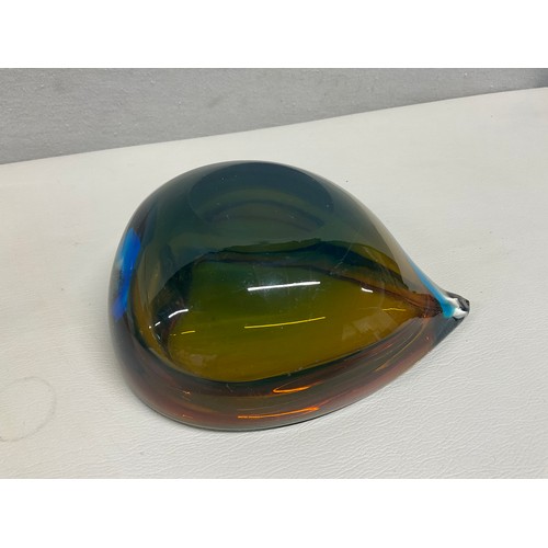 34 - 2 HEAVY COLOURED GLASS BOWLS ONE HEART SHAPED