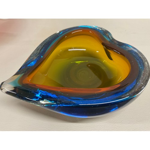34 - 2 HEAVY COLOURED GLASS BOWLS ONE HEART SHAPED