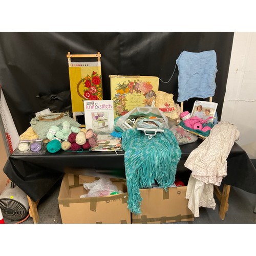 32 - 2 BOXES OF CRAFTWARE AND WOOLS, NEEDLEWORK, BLANKETS ETC