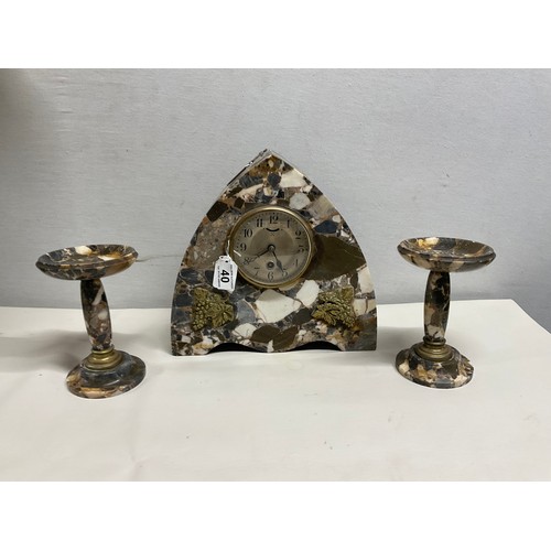 40 - ART DECO MARBLE GARNITURE SET -MARBLE CLOCK WITH BRASS GRAPE DESIGN WITH MATCHING CANDLE HOLDERS - C... 