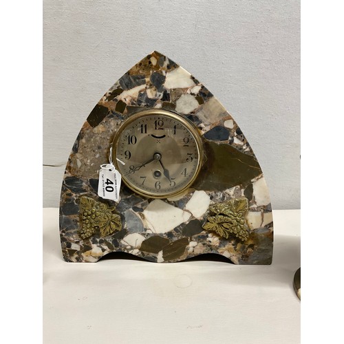 40 - ART DECO MARBLE GARNITURE SET -MARBLE CLOCK WITH BRASS GRAPE DESIGN WITH MATCHING CANDLE HOLDERS - C... 