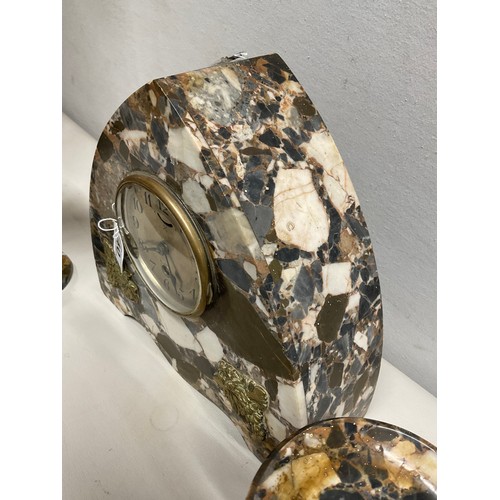 40 - ART DECO MARBLE GARNITURE SET -MARBLE CLOCK WITH BRASS GRAPE DESIGN WITH MATCHING CANDLE HOLDERS - C... 