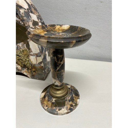 40 - ART DECO MARBLE GARNITURE SET -MARBLE CLOCK WITH BRASS GRAPE DESIGN WITH MATCHING CANDLE HOLDERS - C... 