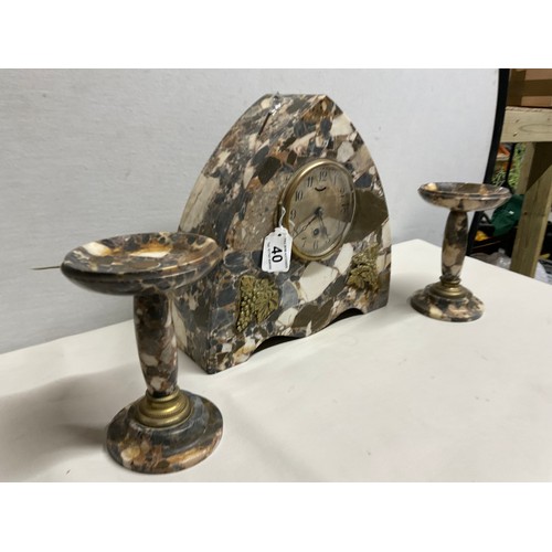 40 - ART DECO MARBLE GARNITURE SET -MARBLE CLOCK WITH BRASS GRAPE DESIGN WITH MATCHING CANDLE HOLDERS - C... 