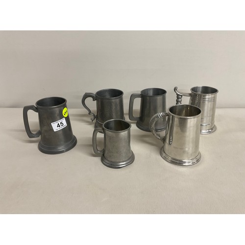 45 - QTY OF 6 PLATED / PEWTER TANKARDS - ONE FISHING RELATED