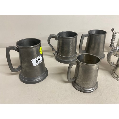 45 - QTY OF 6 PLATED / PEWTER TANKARDS - ONE FISHING RELATED