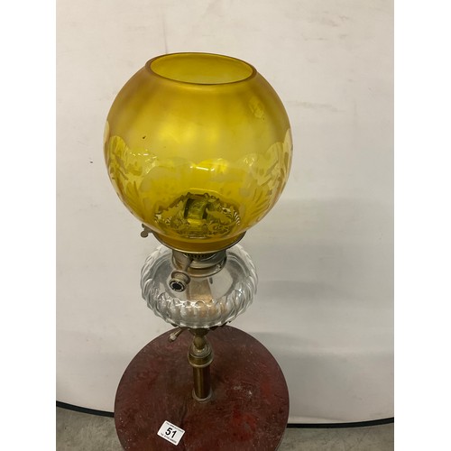 51 - VICTORIAN STANDARD OIL LAMP ON BRASS TRIPOD BASE CAST IRON STRETCHER AND RED GRANITE CENTRE - LAMP B... 