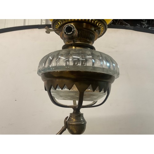 51 - VICTORIAN STANDARD OIL LAMP ON BRASS TRIPOD BASE CAST IRON STRETCHER AND RED GRANITE CENTRE - LAMP B... 