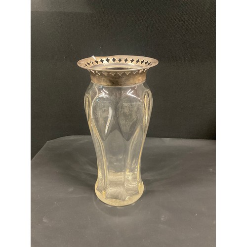 52 - GLASS VASE WITH ETCHED BASE AND HALLMARKED SILVER COLLAR - J.D & S 7.5