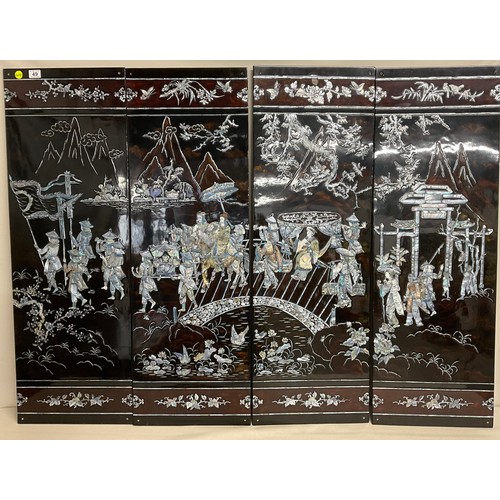 49 - 4 VINTAGE ORIENTAL PANELS WITH MOTHER OF PEARL AND ABALONE DECORATION - EACH PANEL 47