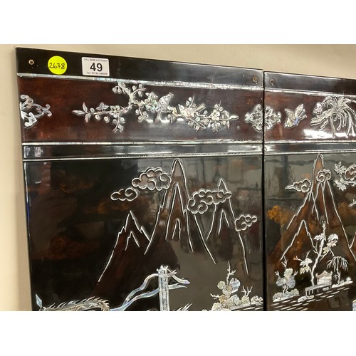 49 - 4 VINTAGE ORIENTAL PANELS WITH MOTHER OF PEARL AND ABALONE DECORATION - EACH PANEL 47