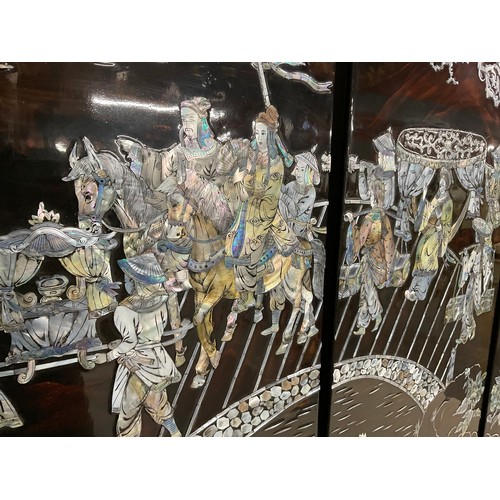 49 - 4 VINTAGE ORIENTAL PANELS WITH MOTHER OF PEARL AND ABALONE DECORATION - EACH PANEL 47
