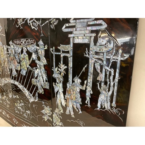 49 - 4 VINTAGE ORIENTAL PANELS WITH MOTHER OF PEARL AND ABALONE DECORATION - EACH PANEL 47