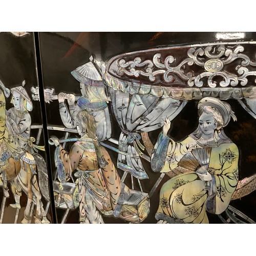 49 - 4 VINTAGE ORIENTAL PANELS WITH MOTHER OF PEARL AND ABALONE DECORATION - EACH PANEL 47