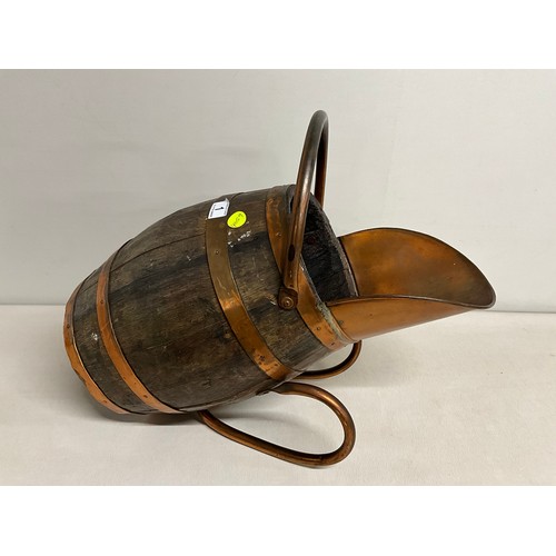 1 - VINTAGE COOPERED OAK AND COPPER COAL BARRELL L23