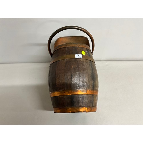 1 - VINTAGE COOPERED OAK AND COPPER COAL BARRELL L23