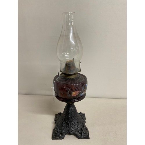 2 - VICTORIAN OIL LAMP ON CAST IRON BASE WITH COLOURED GLASS BOWL PAINTED LEAVES COMPLETE WITH CHIMNEY -... 