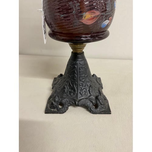 2 - VICTORIAN OIL LAMP ON CAST IRON BASE WITH COLOURED GLASS BOWL PAINTED LEAVES COMPLETE WITH CHIMNEY -... 