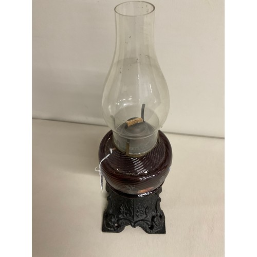 2 - VICTORIAN OIL LAMP ON CAST IRON BASE WITH COLOURED GLASS BOWL PAINTED LEAVES COMPLETE WITH CHIMNEY -... 