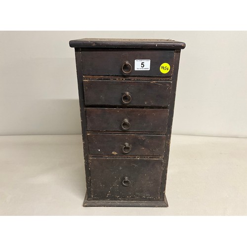 5 - VICTORIAN STAINED PINE MINIATURE BANK OF FIVE  DRAWERS WITH CONTENTS H20