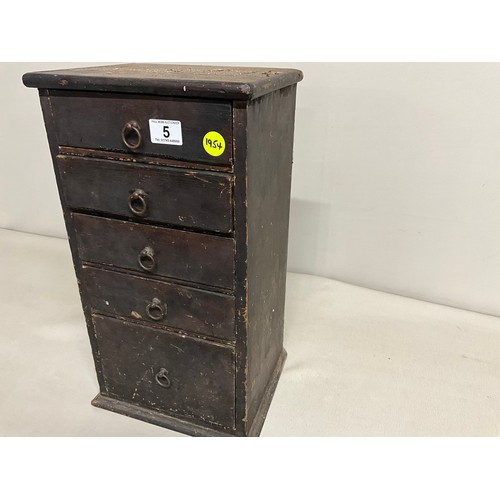 5 - VICTORIAN STAINED PINE MINIATURE BANK OF FIVE  DRAWERS WITH CONTENTS H20