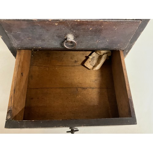 5 - VICTORIAN STAINED PINE MINIATURE BANK OF FIVE  DRAWERS WITH CONTENTS H20