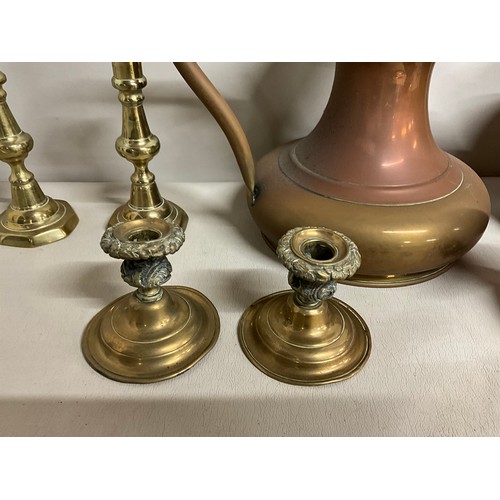 7 - BOX OF VINTAGE COPPER & BRASS ITEMS -CANDLESTICKS WATERING CAN ETC