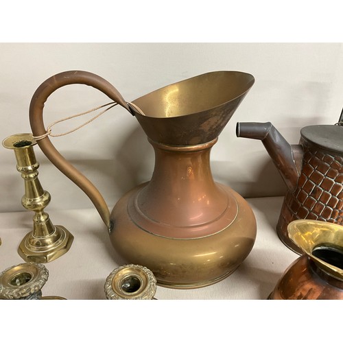 7 - BOX OF VINTAGE COPPER & BRASS ITEMS -CANDLESTICKS WATERING CAN ETC