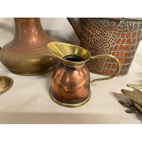 7 - BOX OF VINTAGE COPPER & BRASS ITEMS -CANDLESTICKS WATERING CAN ETC