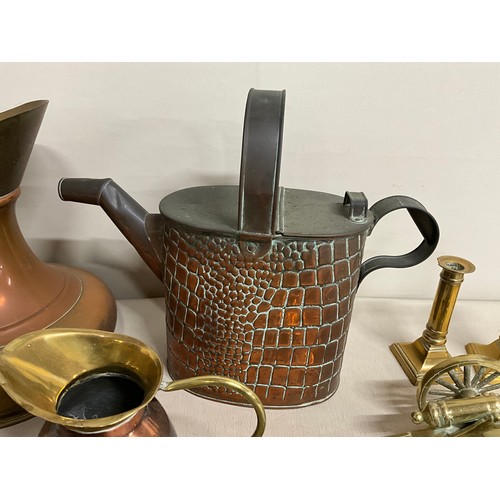 7 - BOX OF VINTAGE COPPER & BRASS ITEMS -CANDLESTICKS WATERING CAN ETC