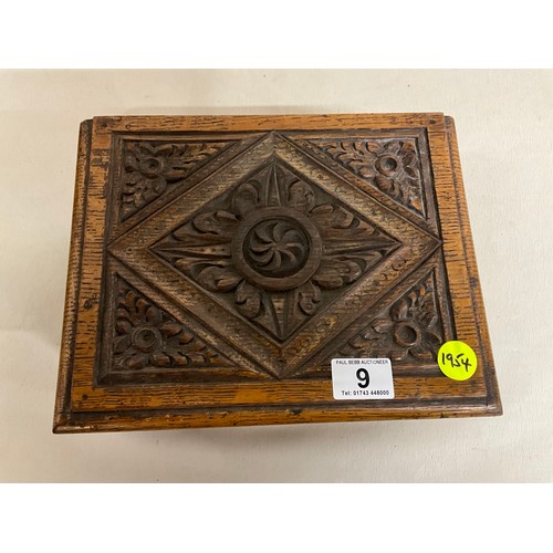 9 - CARVED OAK BOX WITH LIFTING LID H6