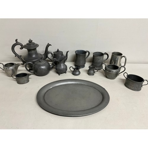 15 - BOX OF ANTIQUE AND LATER PEWTER - TANKARDS TEAPOT TRAY ETC