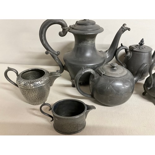 15 - BOX OF ANTIQUE AND LATER PEWTER - TANKARDS TEAPOT TRAY ETC