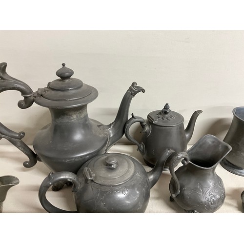 15 - BOX OF ANTIQUE AND LATER PEWTER - TANKARDS TEAPOT TRAY ETC