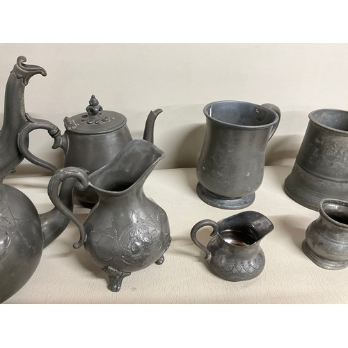 15 - BOX OF ANTIQUE AND LATER PEWTER - TANKARDS TEAPOT TRAY ETC