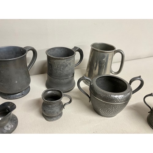 15 - BOX OF ANTIQUE AND LATER PEWTER - TANKARDS TEAPOT TRAY ETC