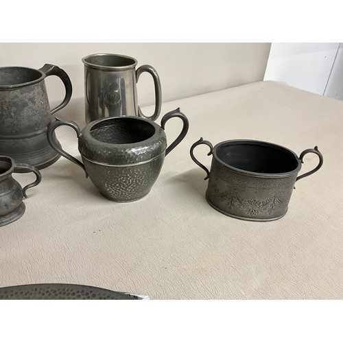 15 - BOX OF ANTIQUE AND LATER PEWTER - TANKARDS TEAPOT TRAY ETC