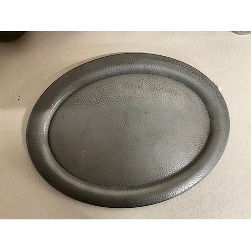 15 - BOX OF ANTIQUE AND LATER PEWTER - TANKARDS TEAPOT TRAY ETC