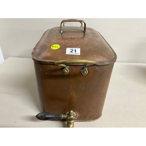 21 - EDWARDIAN COPPER TWIN HANDLED WATER TANK COMPLETE WITH BRASS TAP H12