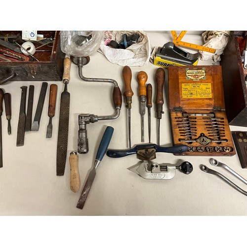 25 - 2 VINTAGE TOOL BOXES AND CONTENTS - TAP AND DYES MINIATURE VICE ETC