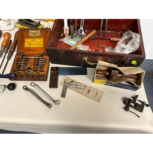 25 - 2 VINTAGE TOOL BOXES AND CONTENTS - TAP AND DYES MINIATURE VICE ETC