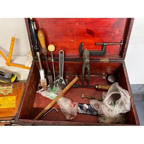 25 - 2 VINTAGE TOOL BOXES AND CONTENTS - TAP AND DYES MINIATURE VICE ETC