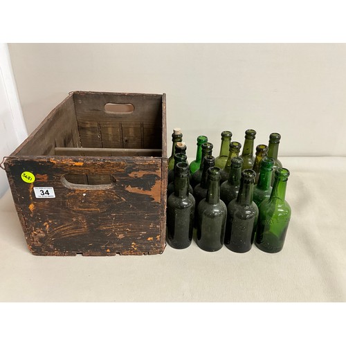 34 - VINTAGE WOODEN BOTTLE CRATE WITH GREEN GLASS VICTORIAN BOTTLES WITH ADVERTISING (17)