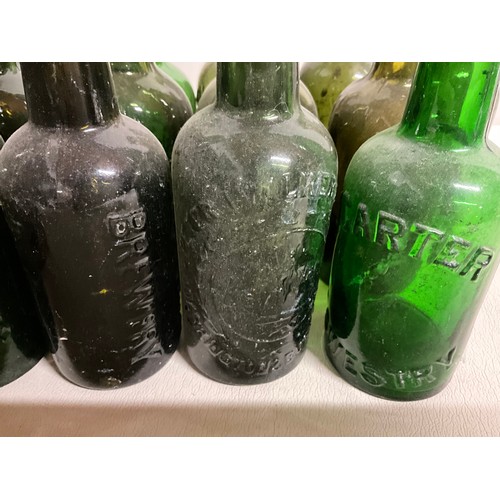 34 - VINTAGE WOODEN BOTTLE CRATE WITH GREEN GLASS VICTORIAN BOTTLES WITH ADVERTISING (17)
