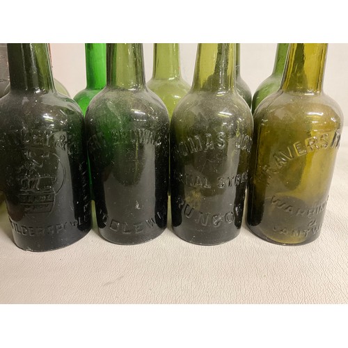 34 - VINTAGE WOODEN BOTTLE CRATE WITH GREEN GLASS VICTORIAN BOTTLES WITH ADVERTISING (17)