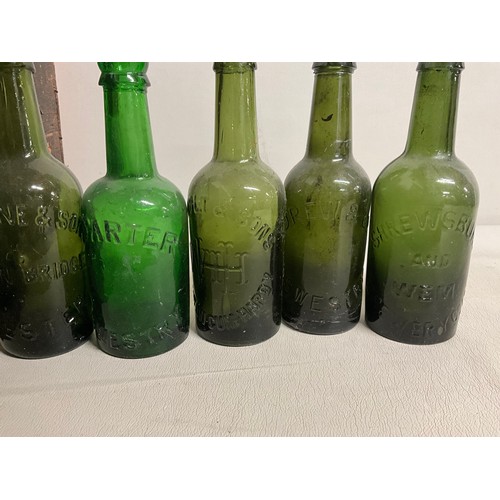 34 - VINTAGE WOODEN BOTTLE CRATE WITH GREEN GLASS VICTORIAN BOTTLES WITH ADVERTISING (17)