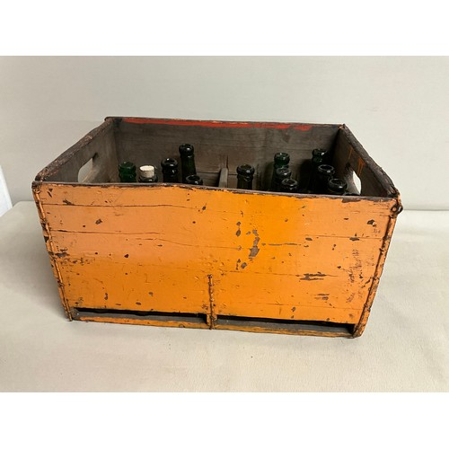 34 - VINTAGE WOODEN BOTTLE CRATE WITH GREEN GLASS VICTORIAN BOTTLES WITH ADVERTISING (17)