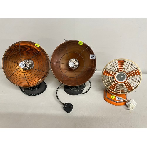 40 - RETRO PIFCO ELECTRIC TABLE FAN AND PAIR OF VINTAGE MARSTAND AND BATESON LTD COPPER HEAT LAMPS