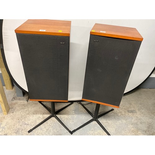 51 - PAIR OF MID CENTURY B&W (BOWERS & WILKINS) TEAK CASED SPEAKERS ON STANDS -MODEL DM2 H42